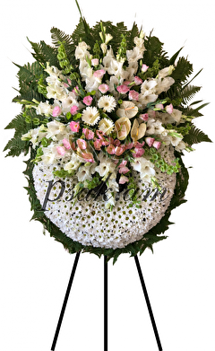 White funeral wreath with Lisianthus